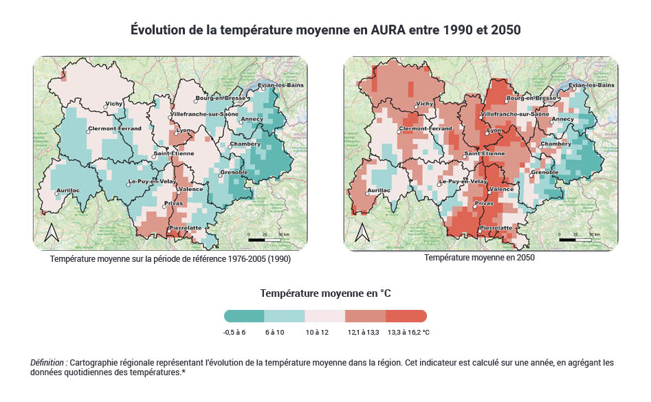 Cartes de l'évolution des températures moyennes en AURA d'ici 2050